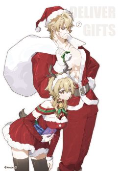 1boy 1girl abs absurdres antlers bell belt black_thighhighs blonde_hair blue_eyes box breasts capelet closed_mouth commentary deer_tail detached_sleeves dress fake_antlers fake_facial_hair fake_mustache fake_tail fur-trimmed_capelet fur-trimmed_dress fur-trimmed_headwear fur-trimmed_sleeves fur_trim genshin_impact gift gift_box gloves hairband hand_on_own_hip hat height_difference highres holding holding_box holding_gift holding_sack horns jacket jingle_bell kradebii leaning_forward legs_apart long_sleeves looking_at_viewer lumine_(genshin_impact) medium_breasts multiple_scars musical_note neck_bell over_shoulder pants plunging_neckline pom_pom_(clothes) red_capelet red_dress red_hat red_jacket red_pants reindeer_antlers sack santa_costume santa_dress santa_hat scar scar_on_arm scar_on_face scar_on_neck scar_on_shoulder scar_on_stomach scars_all_over short_dress smile spoken_musical_note standing stomach symbol-only_commentary tail thighhighs toned toned_male too_many varka_(genshin_impact) white_gloves yellow_eyes zettai_ryouiki