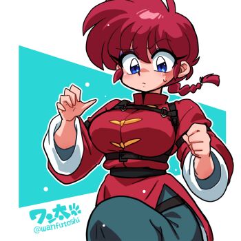 1girl blue_eyes braid chinese_clothes genderswap genderswap_(mtf) hair_between_eyes ranma_1/2 red_hair saotome_ranma saotome_ranma_(female) single_braid solo sweatdrop tangzhuang wanta_(futoshi)