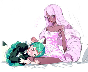 2girls 5oh5s2 :d absurdres alternate_costume apron blush breasts chemise clenched_teeth collarbone dark-skinned_female dark_skin green_hair hands_up hashtag-only_commentary highres jacinthe_(pokemon) lap_pillow lebanne_(pokemon) long_hair long_sleeves lying multiple_girls nintendo on_side open_mouth pillow pokemon pokemon_legends:_z-a puffy_sleeves purple_eyes single_off_shoulder sitting smile teeth tongue upper_teeth_only white_apron