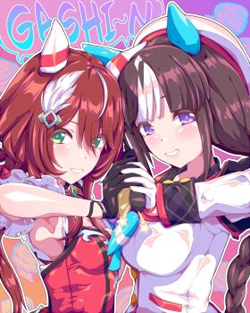 armpits beret black_hair blush braid breasts detached_sleeves gloves green_eyes grin hair_between_eyes hair_ornament hat highres hokko_tarumae_(star_light_ship)_(umamusume) hokko_tarumae_(umamusume) holding horse_girl kan_lee long_hair looking_at_viewer low_twin_braids low_twintails medium_breasts portrait purple_hair ribbon shell simple_background small_breasts smile twin_braids twintails umamusume win_variation_(dramatic_tutu)_(umamusume) win_variation_(umamusume)