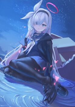 1girl black_hairband black_jacket black_pantyhose black_sailor_collar black_shoes blue_archive blue_shirt blue_skirt braid colored_inner_hair commentary eyes_visible_through_hair grey_hair hair_over_one_eye hair_ribbon hairband halo highres jacket looking_at_viewer marulire multicolored_hair neckerchief night open_clothes open_jacket pantyhose parted_lips pink_hair plana_(blue_archive) pleated_skirt red_halo ribbon sailor_collar shirt shoes single_braid skirt sky solo thighband_pantyhose two-tone_hair water white_neckerchief white_ribbon