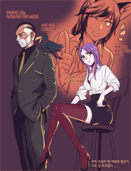1boy 2girls ahri_(league_of_legends) animal_ears bird breasts leblanc_(league_of_legends) fox_ears high_heels hooreng jericho_swag swain_(league_of_legends) korean_text league_of_legends legs long_hair long_legs miniskirt monochrome multiple_girls one_eye_closed open_mouth purple_hair shoes sitting skirt thighhighs thighs translation_request wink zettai_ryouiki