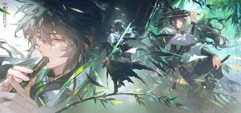 bamboo bamboo_forest blind chinese_clothes duplicate flute forest green_sword grey_eyes highres holding holding_flute holding_instrument instrument long_hair male_focus music nature playing_flute playing_instrument ponytail qiuyuan_(wuthering_waves) renjian_shilian shirt white_shirt wuthering_waves