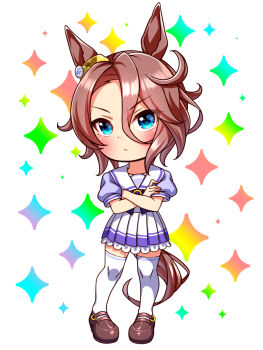 1girl animal_ears blue_eyes blush bow bowtie brown_hair chibi chibi_only closed_mouth collarbone commentary_request crossed_arms ear_ornament full_body hair_between_eyes highres horse_ears horse_girl horse_tail looking_at_viewer narita_taishin_(umamusume) pleated_skirt puffy_short_sleeves puffy_sleeves purple_bow purple_bowtie purple_shirt sailor_collar sailor_shirt school_uniform shirt shoes short_hair short_sleeves skirt solo sugimotty_nova tail thighhighs tracen_school_uniform umamusume white_sailor_collar white_skirt white_thighhighs zettai_ryouiki