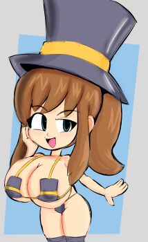 1girl a_hat_in_time absurdres bikini black_hat black_socks blue_eyes breasts hand_on_own_cheek hand_on_own_face hat hat_kid highres huge_breasts long_hair looking_to_the_side open_mouth oppai_loli ponytail sketch skindentation smile socks solo swimsuit thighs thong top_hat yelladrill
