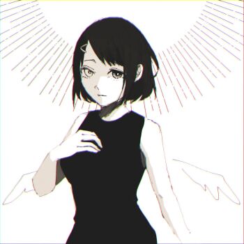 1girl black_dress black_hair blue_eyes breasts cleavage dress hair_ornament hand_up heterochromia highres long_hair looking_at_viewer nsk_ju sentai_daishikkaku serious simple_background solo usukubo_angel v_hair_ornament white_background wings yellow_eyes