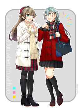 2girls alternate_costume bag black_boots black_pantyhose black_skirt black_socks blue_eyes boots brown_hair coat cup disposable_coffee_cup disposable_cup english_text full_body green_eyes green_hair high_heels highres kantai_collection kumano_(kancolle) long_hair multiple_girls pantyhose plaid_clothes plaid_scarf plaid_skirt pleated_skirt ponytail red_coat red_skirt scarf skirt socks suzuya_(kancolle) teramoto_kaoru white_coat winter_clothes