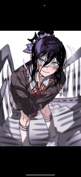 1girl blush brown_sweater busuttt chainsaw_man closed_mouth green_eyes highres kneehighs kuromi leaning_forward looking_at_viewer onegai_my_melody purple_hair reze_(chainsaw_man) sanrio school_uniform socks solo sweater white_socks