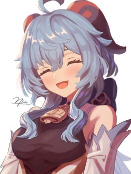 1girl absurdres ahoge bell blue_hair blush bodystocking breasts closed_eyes cowbell detached_sleeves ganyu_(genshin_impact) genshin_impact goat_girl goat_horns hair_between_eyes highres horns long_hair medium_breasts neck_bell niadn_nb open_mouth signature simple_background sleeveless sleeveless_bodystocking smile solo white_background