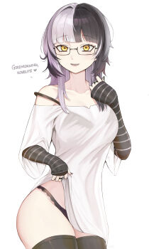Rule 34 | 1girl, absurdres, arm warmers, black arm warmers, black bra, black hair, black nails, black pantyhose, black thighhighs, blunt bangs, bra, breasts, clothes lift, commentary, cowboy shot, english commentary, english text, grey hair, hand up, highres, hololive, hololive english, large breasts, long hair, long shirt, looking at viewer, migokami, multicolored hair, nail polish, off-shoulder shirt, off shoulder, pantyhose, see-through cleavage, see-through clothes, see-through shirt, shiori novella, shirt, shirt lift, sidelocks, simple background, solo, split-color hair, thighhighs, three-quarter sleeves, two-tone hair, underwear, virtual youtuber, white background, white shirt, yellow eyes