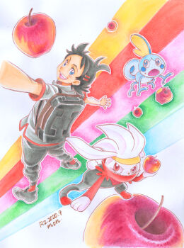 1boy absurdres animal_ears antenna_hair apple backpack bag black_hair black_pants blue_eyes dated food fruit gen_8_pokemon goh_(pokemon) grey_shirt highres looking_at_viewer medium_request nintendo open_mouth outstretched_arms pants pokemon pokemon_(anime) pokemon_journeys rabbit_ears rabbit_tail raboot rainbow_background shirt short_hair short_sleeves smile sobble tail teeth upper_teeth_only