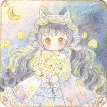 Rule 34 | 1girl, animal ears, bouquet, cat ears, cat girl, commentary request, crescent moon, dress, flower, highres, holding, holding bouquet, holding flower, long hair, long sleeves, looking at viewer, low twintails, moon, original, painting (medium), tato (kunikida-3), traditional media, twintails, upper body, watercolor (medium), yellow eyes, yellow flower