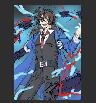 1boy :d amputee belt belt_buckle black-framed_eyewear black-framed_glasses black_belt black_border black_pants black_vest blue_background blue_coat blue_fire blue_jacket border brown_hair buckle coat collared_shirt cowboy_shot facial_hair fire formal_clothes glasses gregor_(project_moon) hair_between_eyes half-closed_eyes happy id_card jacket joints kikkoinu lapels limbus_company long_coat long_hair long_sleeves looking_at_viewer looking_down low_ponytail magic male_focus mechanical_arms name_tag necktie open_clothes open_coat open_mouth pants parted_bangs photoshop_(medium) pocket ponytail pouch project_moon prosthesis prosthetic_arm red_necktie sanpaku semi-rimless_eyewear shirt simple_background single_mechanical_arm sketch smile solo standing stubble suit teeth thigh_pouch traditional_media under-rim_eyewear undershirt unfinished vest white_shirt white_undershirt yellow_eyes