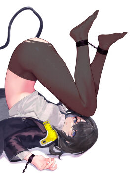 1girl absurdres anal anal_object_insertion anal_tail arknights arknights:_endfield black_hair black_jacket black_pantyhose blue_eyes bound bound_ankles bound_wrists butt_plug cuffs endministrator_(arknights) fake_tail female_endministrator_(arknights) highres jacket jin_sumire layered_sleeves long_sleeves looking_at_viewer object_insertion open_clothes open_jacket pantyhose sex_toy shackled shackles shirt short_hair simple_background solo tail thighs torn_clothes torn_pantyhose upside-down white_background white_shirt