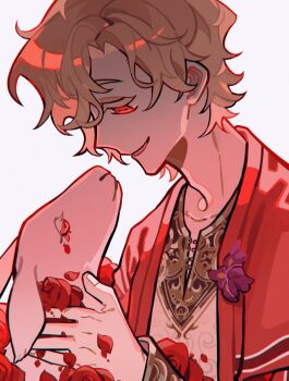 1boy andrew_kreiss andrew_kreiss_(epitaph) animal baby_animal blonde_hair capelet flower highres holding holding_animal identity_v kesu0816 lamb long_sleeves looking_down male_focus medium_hair open_mouth purple_flower red_capelet red_eyes red_flower red_petals sheep shirt simple_background smile solo upper_body white_background white_shirt