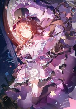 1girl :d absurdres amukeer animal_ears arknights black_gloves boots brown_hair center_frills dress eyjafjalla_(arknights) frills gloves hat highres holding holding_umbrella horns jacket long_hair looking_at_viewer official_alternate_costume open_mouth pink_eyes pink_jacket sheep_ears sheep_girl sheep_horns sky smile solo star_(symbol) thighhighs top_hat umbrella white_dress witch_hat