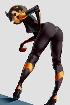 1girl ass black_bodysuit black_hair bodysuit breasts dark-skinned_female dark_skin emma_(pokemon) full_body gloves gzoul hair_ornament highres holding holding_poke_ball latex latex_bodysuit nintendo poke_ball poke_ball_(basic) pokemon pokemon_legends:_z-a purple_eyes short_hair simple_background solo