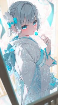 Rule 34 | absurdres, back bow, blue bow, blue eyes, blue nails, blue sash, blunt bangs, bow, braid, candy, candy hair ornament, cherry blossoms, chisei259, commentary request, fence, fingernails, floral print, food, food-themed hair ornament, grey hair, hair ornament, highres, japanese clothes, kanzashi, kimono, kinchaku, lace, lace-trimmed kimono, lace trim, light blush, lollipop, obi, open mouth, original, pinching sleeves, pouch, sash, short hair, single braid, tongue, tongue out, tree, tsumami kanzashi, two-sided fabric, white kimono, wide sleeves, wooden fence