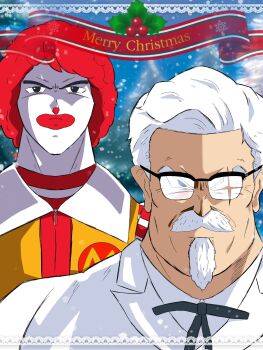 2boys afro beard changing_artstyle christmas clown collared_shirt colonel_sanders commentary_request crossover dragon_ball english_text facepaint facial_hair fast_food glasses goatee highres jumpsuit kfc long_sleeves m_s_paragus male_focus mcdonald's multiple_boys mustache old old_man red_hair red_trim ronald_mcdonald shirt short_hair snow string_tie striped_sleeves v-shaped_eyebrows white_hair white_shirt yellow_jumpsuit