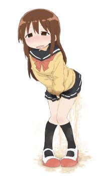 1girl between_legs black_socks blue_sailor_collar blue_skirt blush bowtie brown_eyes brown_hair embarrassed female_focus full_body half-closed_eyes hand_between_legs have_to_pee kneehighs knees_together_feet_apart leaning_forward long_hair miniskirt nose_blush open_mouth original own_hands_together pee peeing peeing_self pigeon-toed pleated_skirt ponnu_(tnpn2yw) puddle red_bow red_bowtie red_shoes sailor_collar shoes sidelocks simple_background skirt socks solo standing steam sweater v_arms wet wet_clothes wet_skirt white_background yellow_sweater