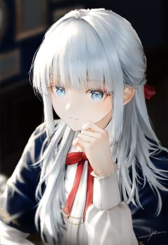 1girl absurdres blue_eyes blue_jacket blurry blurry_background closed_mouth commentary_request depth_of_field expressionless eyelashes hand_up highres jacket jizell long_hair long_sleeves looking_at_viewer neck_ribbon open_clothes open_jacket original red_ribbon ribbon school_uniform shirt solo upper_body white_hair white_shirt wispy_bangs