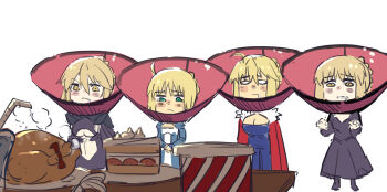 4girls ahoge artoria_pendragon_(fate) artoria_pendragon_(lancer)_(fate) artoria_pendragon_(lancer)_(third_ascension)_(fate) artoria_pendragon_(lancer_alter)_(fate) bad_id bad_pixiv_id blonde_hair braid breasts cake cape cleavage club3 cone_of_shame dress fate/grand_order fate_(series) food french_braid frown gothic_lolita graphite_(medium) green_eyes highres hungry lolita_fashion multiple_girls pet_cone saber_(fate) saber_alter saber_alter_(third_ascension) saliva sketch traditional_media turkey_(food) white_background yellow_eyes