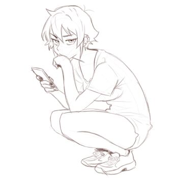 1girl ass breasts feet huge_ass large_breasts no_socks original phone shirt shoes short_hair solo squatting thick_thighs thighs tsuicaa wide_hips