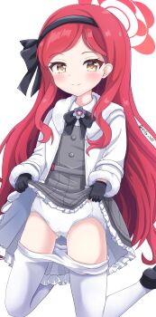 1girl absurdres black_bow black_bowtie black_gloves black_hairband black_shoes blue_archive bow bowtie brown_eyes cameltoe closed_mouth clothes_lift clothes_pull commentary_request dress dress_lift flat_chest fur-trimmed_jacket fur_trim gloves grey_dress hairband halo highres jacket kneeling lifting_own_clothes long_hair long_sleeves looking_at_viewer open_clothes open_jacket panties pantyhose pantyhose_pull red_hair red_halo shoes sills simple_background smile solo swept_bangs takane_(blue_archive) underwear variant_set very_long_hair white_background white_jacket white_panties white_pantyhose