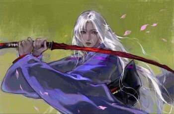 1girl adapted_costume cherry_blossoms commentary_request curtained_hair dark_skin elden_ring elden_ring_nightreign fighting_stance green_background grey_eyes highres holding holding_sword holding_weapon japanese_clothes jivynni katana kimono long_hair long_sleeves looking_to_the_side obi ox_guard recluse_(elden_ring) sash solo sword upper_body weapon white_hair wide_sleeves