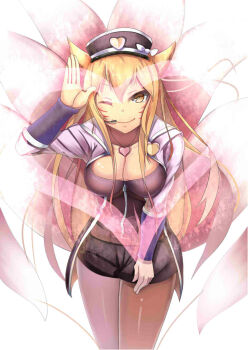 1girl ;) ahri_(league_of_legends) alternate_costume alternate_eye_color alternate_hair_color animal_ears belt blonde_hair bow breasts brown_pantyhose cleavage cosplay cowboy_shot facial_mark female_focus fox_ears fox_tail girls'_generation hair_between_eyes hand_on_own_thigh hand_up hat hat_bow headset heart highres idol jacket jewelry jpeg_artifacts k-pop large_breasts league_of_legends leaning_forward light_smile long_hair multiple_tails necklace one_eye_closed open_clothes open_jacket pantyhose pantyhose_under_shorts peaked_cap pencil_skirt pendant popstar_ahri salute shorts skirt slit_pupils smile solo tail very_long_hair vococo whisker_markings yellow_eyes zipper