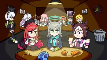 1other 6+girls amiya_(arknights) anby_demara animal_ears aris_(blue_archive) arknights armband badge balaclava bare_shoulders black_gloves black_socks blonde_hair blue_archive blue_hair bow brown_hair bullet carrot clock clothing_request dante_(limbus_company) don_quixote_(project_moon) expression_request genshin_impact gloves goddess_of_victory:_nikke green_gloves grey_hair hair_ornament hat highres honkai:_star_rail honkai_(series) honkai_impact_3rd horse_ears jacket kiana_kaslana kiana_kaslana_(herrscher_of_finality) limbus_company looking_at_another march_7th_(honkai:_star_rail) march_7th_(preservation)_(honkai:_star_rail) mask matikanetannhauser_(umamusume) multiple_girls necktie official_alternate_costume official_alternate_hairstyle ohitome_kohane orange_hair paimon_(genshin_impact) paulnoob pink_hair pose_request project_kv project_moon rabbit_ears rapi_(nikke) rapi_(red_hood)_(nikke) red_hair reverse:1999 scarf school_uniform shiroko_(blue_archive) socks sonetto_(reverse:1999) special_week_(special_dreamer)_(umamusume) special_week_(umamusume) table trash trash_can umamusume wall_clock white_hair wolf_ears zenless_zone_zero
