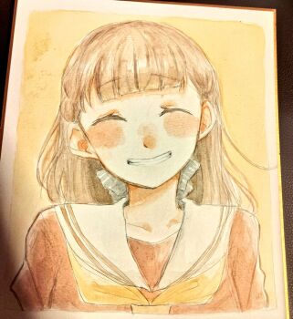 Rule 34 | 1girl, ^ ^, blush, border, braid, brown dress, brown hair, center-flap bangs, closed eyes, collarbone, commentary request, dress, facing viewer, grin, hasu no sora school uniform, kachimachi kosuzu, link! like! love live!, long sleeves, love live!, namazakana kuenai, neckerchief, portrait, sailor collar, sailor dress, school uniform, shikishi, side braids, smile, solo, virtual youtuber, white border, white sailor collar, winter uniform, yellow background, yellow neckerchief