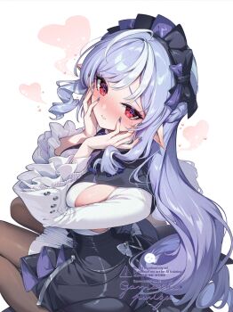 1girl adversarial_noise black_skirt blush breasts brown_pantyhose embarrassed from_above gomashio_ponz hands_on_own_cheeks hands_on_own_face heart highres long_hair long_sleeves looking_at_viewer medium_breasts mole mole_under_eye multicolored_hair nose_blush pantyhose parted_lips pointy_ears purple_hair red_eyes shirt shrug_(clothing) sideboob skirt sleeveless sleeveless_shirt solo streaked_hair very_long_hair vivian_banshee white_background white_shirt white_shrug zenless_zone_zero