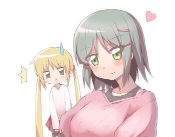 2girls aizawa_sakuya artist_request blonde_hair blush breasts chibi dress_shirt green_eyes grey_hair hair_ornament hairclip hayate_no_gotoku! highres large_breasts long_hair multiple_girls sanzen&#039;in_nagi shirt short_hair simple_background skirt smile solo_focus triangle_mouth twintails white_background