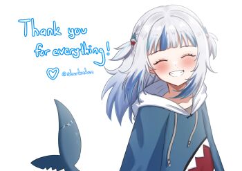 1girl absurdres animal_costume blue_hair blush closed_eyes closed_mouth fins fish_tail gawr_gura gawr_gura_(1st_costume) grey_hair hair_ornament highres hololive hololive_english medium_hair multicolored_hair shark_costume shark_girl shark_hair_ornament shark_tail sharkudon smile solo streaked_hair tail two_side_up virtual_youtuber