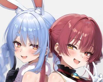 2girls :d animal_ear_fluff animal_ears back-to-back bare_shoulders black_gloves blue_gemstone blue_hair blurry blush braid bright_pupils brooch commentary don-chan_(usada_pekora) fur_scarf gem gloves grey_background hair_intakes hand_up heterochromia hololive houshou_marine houshou_marine_(1st_costume) index_finger_raised jewelry long_hair looking_at_viewer looking_to_the_side multiple_girls nyarurato0debu open_mouth orange_eyes rabbit-shaped_pupils rabbit_ears rabbit_girl red_eyes red_hair short_eyebrows sleeveless smile symbol-shaped_pupils thick_eyebrows twin_braids twintails usada_pekora usada_pekora_(1st_costume) v variant_set virtual_youtuber white_gloves white_pupils yellow_eyes