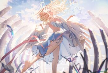 Rule 34 | 1girl, angel, angel wings, blonde hair, blue eyes, breasts, cloud, cloudy sky, convenient censoring, double halo, feathered wings, floating hair, giant skeleton, halo, highres, long hair, looking up, medium breasts, original, outstretched arms, parted lips, red ribbon, ribbon, ruda (ruda e), sideboob, skirt, sky, soles, solo, topless female, torn clothes, torn skirt, walking, white skirt, white wings, wings