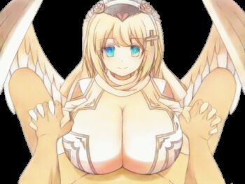 1boy 1girl 20s angel angel_wings animated animated_gif artist_request blonde_hair blue_eyes bouncing bouncing_breasts breasts censored cleavage clothed_female_nude_male erection feathered_wings feathers hair_ornament hairband hairpin hetero holding holding_hands huge_breasts interlocked_fingers looking_at_viewer looping_animation lying medium_hair mosaic_censoring nude on_back paizuri paizuri_under_clothes penis pov priestess robe rubbing simple_background smile solo_focus staring succubus_senki transparent_background uncensored wings