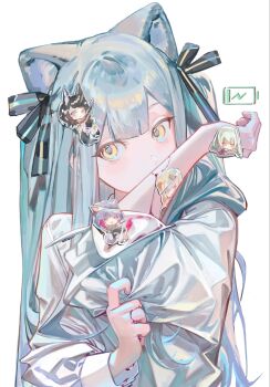 Rule 34 | animal ears, arknights, ave mujica (bang dream!), bang dream!, bang dream! it's mygo!!!!!, battery indicator, bite mark, bite mark on arm, black ribbon, bleeding, blood, blue hair, blunt bangs, cat ears, clothes grab, covering own mouth, hair ribbon, hands up, highres, injury, kemonomimi mode, long hair, misumi uika, misumi uika (caged singer), misumi uika (perro), ribbon, shirt, grabbing another's shirt, sidelocks, simple background, sticker, togawa sakiko, two side up, ugi 144, upper body, wakaba mutsumi, wakaba mutsumi (cautus), wakaba mutsumi (marionette's id), white background, white shirt, yahata umiri, yahata umiri (lupo), yahata umiri (moonlight executioner), yellow eyes, yuutenji nyamu, yuutenji nyamu (feline), yuutenji nyamu (magician of passion)