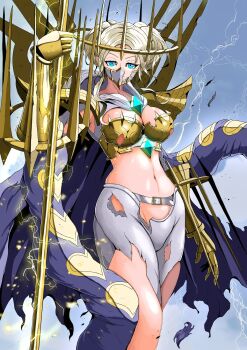 1girl armor blonde_hair blue_eyes blue_gemstone boobplate braid braided_bun breastplate breasts chain cleavage clothing_cutout crown digimon digimon_(creature) double_blade double_bun double_halo gauntlets gem gold_armor gold_chain gold_crown hair_bun halo highres holding hooded_shrug junomon large_breasts leather leather_pants looking_at_viewer mask mouth_mask multiple_halos navel ninja_mask o-ring o-ring_bottom o-ring_panties panties pants parted_bangs sawa_d shrug_(clothing) sidelocks solo thigh_cutout underwear white_mask white_shrug