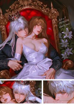 1boy 1girl aroused bite_mark bite_mark_on_neck black_jacket blue_eyes blush breasts breasts_apart brown_eyes brown_hair closed_mouth couple crown dress flower gold_crown hand_on_another&#039;s_neck hetero highres implied_sex jacket long_hair love_and_deepspace paid_reward_available parted_lips patreon_username pink_lips protagonist_(love_and_deepspace) saliva_on_neck shark_onni sitting sitting_on_throne small_breasts smile spaghetti_strap straight_hair teeth throne tongue white_dress white_flower white_hair xavier_(love_and_deepspace)