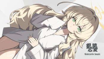 1girl blonde_hair blue_archive breasts ciza_gomi cleavage closed_mouth commentary fluffy_hair green_eyes hair_between_eyes halo highres long_hair looking_at_viewer no_pants panties professor_niyaniya_(blue_archive) shirt sidelocks single_sleeve_past_wrist solo symbol-only_commentary underwear white_panties white_shirt yellow_halo