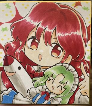 Rule 34 | 2girls, :d, apron, arms behind back, blue dress, blush, bow, bowtie, capelet, closed eyes, dress, frilled dress, frilled sleeves, frills, green hair, happy, highres, index finger raised, long hair, maid, maid apron, maid headdress, medium hair, mimi-chan, missile, multiple girls, neck ribbon, okazaki yumemi, open mouth, parted bangs, puffy short sleeves, puffy sleeves, red bow, red bowtie, red capelet, red eyes, red hair, red ribbon, red vest, ribbon, rocket, ruukoto, short sleeves, smile, touhou, touhou (pc-98), traditional media, umebitan, vest, white apron