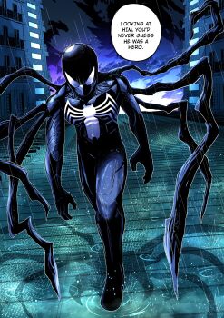 1boy animal_print black_bodysuit bodysuit boku_no_hero_academia building cloud cloudy_sky english_text highres male_focus marvel mask official_alternate_costume rain scene_reference shadow sky solo sonchapo speech_bubble spider-man spider-man_(series) spider_print superhero_costume symbiote tentacles walking wet_ground