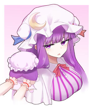 Rule 34 | 2girls, bow, bowtie, breasts, collared dress, commentary request, crescent, crescent hat ornament, cropped torso, doll, dress, forestrylam, frilled cuffs, fumo (doll), hat, hat ornament, highres, holding, holding doll, large breasts, long hair, looking at viewer, mob cap, multiple girls, patchouli knowledge, pink hat, pink wrist cuffs, purple dress, purple eyes, purple hair, red bow, red bowtie, remilia scarlet, solo focus, striped clothes, striped dress, sweatdrop, touhou, upper body, vertical-striped clothes, vertical-striped dress, wrist cuffs