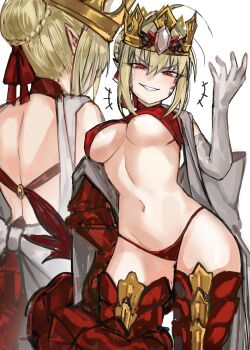 1girl absurdres back bikini blonde_hair boots braid braided_bun breasts commentary crown elbow_gloves english_commentary fate/grand_order fate_(series) gloves hair_bun highres large_breasts looking_at_viewer multiple_views navel nero_claudius_(fate) pointy_ears queen_draco_(fate) queen_draco_(second_ascension)_(fate) red_bikini red_boots red_eyes self_cosplay short_hair smirk stomach swimsuit thighs underboob white_gloves yotsutsu428