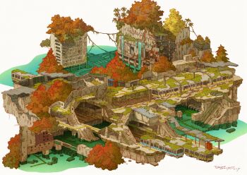 abandoned building commentary_request crosswalk dilapidated flood highres no_humans original overgrown palm_tree plant post-apocalypse railroad_tracks road ruins scenery stairs tokyogenso train tree vines water waterfall