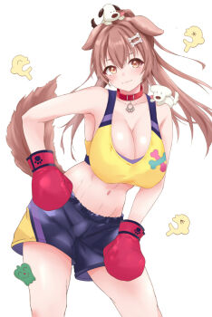 1girl absurdres alternate_costume alternate_hairstyle animal_ears black_shorts bone_hair_ornament boxing_gloves breasts brown_eyes brown_hair cleavage closed_mouth collar commentary_request dog_ears dog_girl dog_tail gloves hair_ornament hand_on_own_hip highres hololive inugami_korone large_breasts listener_(inugami_korone) long_hair looking_at_viewer navel ponytail red_collar red_gloves shirt shorts smile solo tail utdkaz virtual_youtuber yellow_shirt