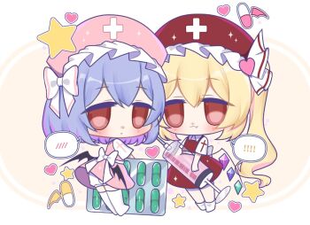 2girls alternate_costume back_bow bat_wings blister_pack bloomers blue_hair bow chibi chibi_only collared_shirt commentary cross cross_print crystal crystal_wings dress flandre_scarlet hat heart holding holding_syringe long_hair looking_at_viewer mini_person minigirl multicolored_wings multiple_girls no_noru nurse nurse_cap pill pink_dress pink_hat print_hat red_eyes red_hat red_skirt red_vest remilia_scarlet shirt siblings sisters skirt skirt_set star_(symbol) syringe touhou underwear very_long_hair vest white_bloomers white_bow white_shirt wings