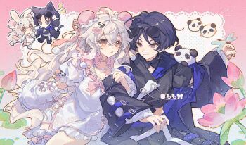 1boy 1girl ahoge alternate_costume artist_request beads black_bow black_collar black_hanfu black_pants black_shirt black_sleeves blunt_ends blush border bow breasts bud bug chibi chibi_inset chinese_clothes chinese_hairstyle cleavage cleavage_cutout closed_mouth clothing_cutout collar collarbone commission commissioner_insert couple cropped_shirt cross-laced_clothes cross-laced_dress crossed_bangs detached_sleeves double_bun dragonfly dress eyeliner eyeshadow fingernails floral_print floral_print_dress floral_print_sleeves flower frilled_dress frilled_sleeves frills genshin_impact hair_between_eyes hair_bow hair_bun hair_intakes hair_ornament hanfu hayami_momo_(hayamimomo) hetero highres insect layered_sleeves lily_pad locked_arms long_hair long_sleeves looking_at_another looking_at_viewer makeup midriff_peek mole mole_under_eye oc_x_canon open_hands open_mouth original outstretched_arm panda_hair_ornament pants pink_border pink_collar pink_eyes pink_flower pink_nails print_dress puffy_sleeves purple_eyes purple_hair red_eyeliner red_eyeshadow scaramouche_(genshin_impact) second-party_source shirt short_dress sidelocks sleeve_belt small_breasts smile tareme tassel tassel_hair_ornament tsurime very_long_hair white_hair white_hanfu white_sleeves wide_sleeves